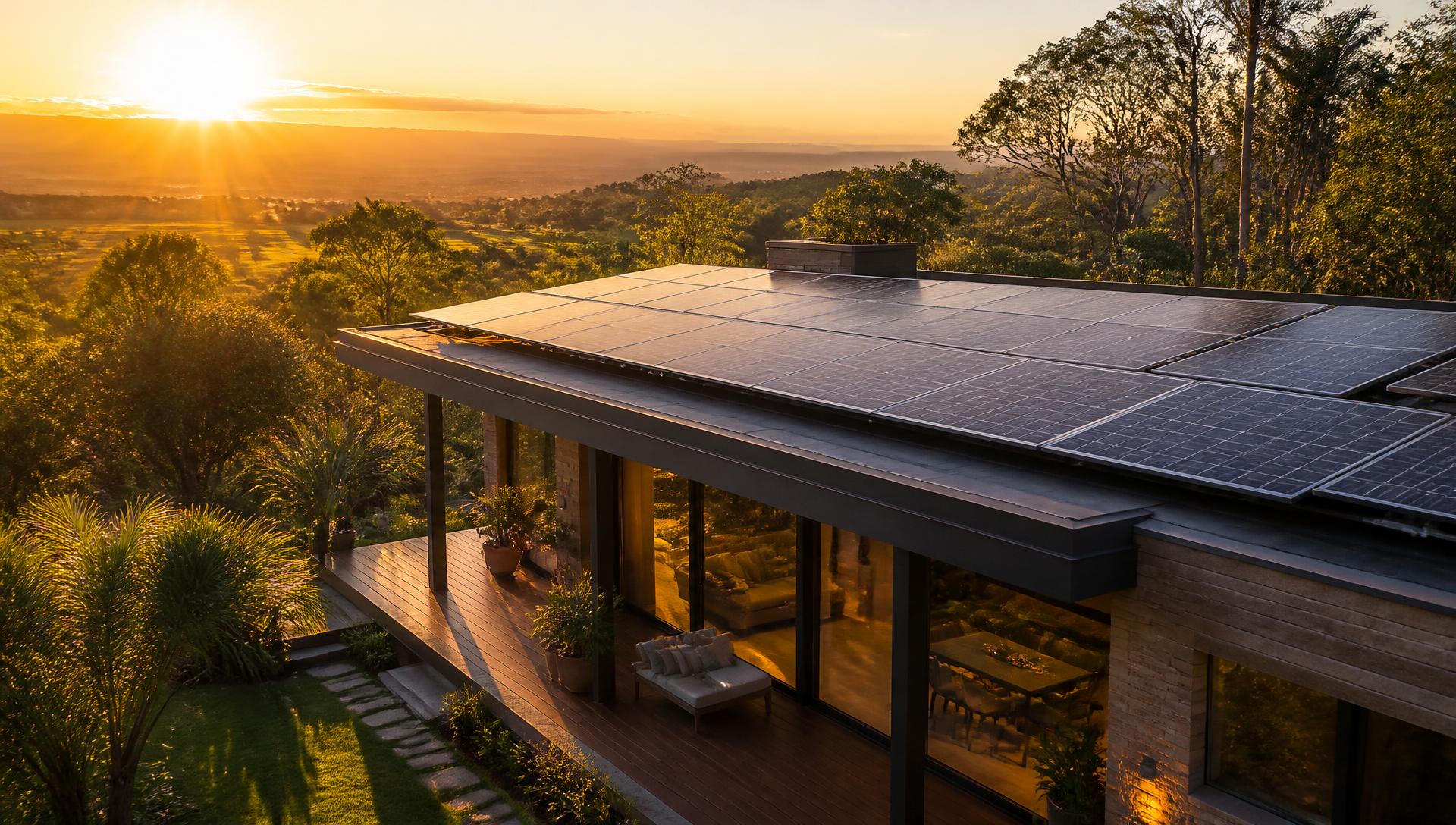 Painéis solares instalados no telhado de uma residência moderna em Mato Grosso ao pôr do sol